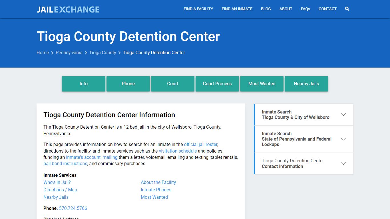 Tioga County Detention Center, PA Inmate Search, Information